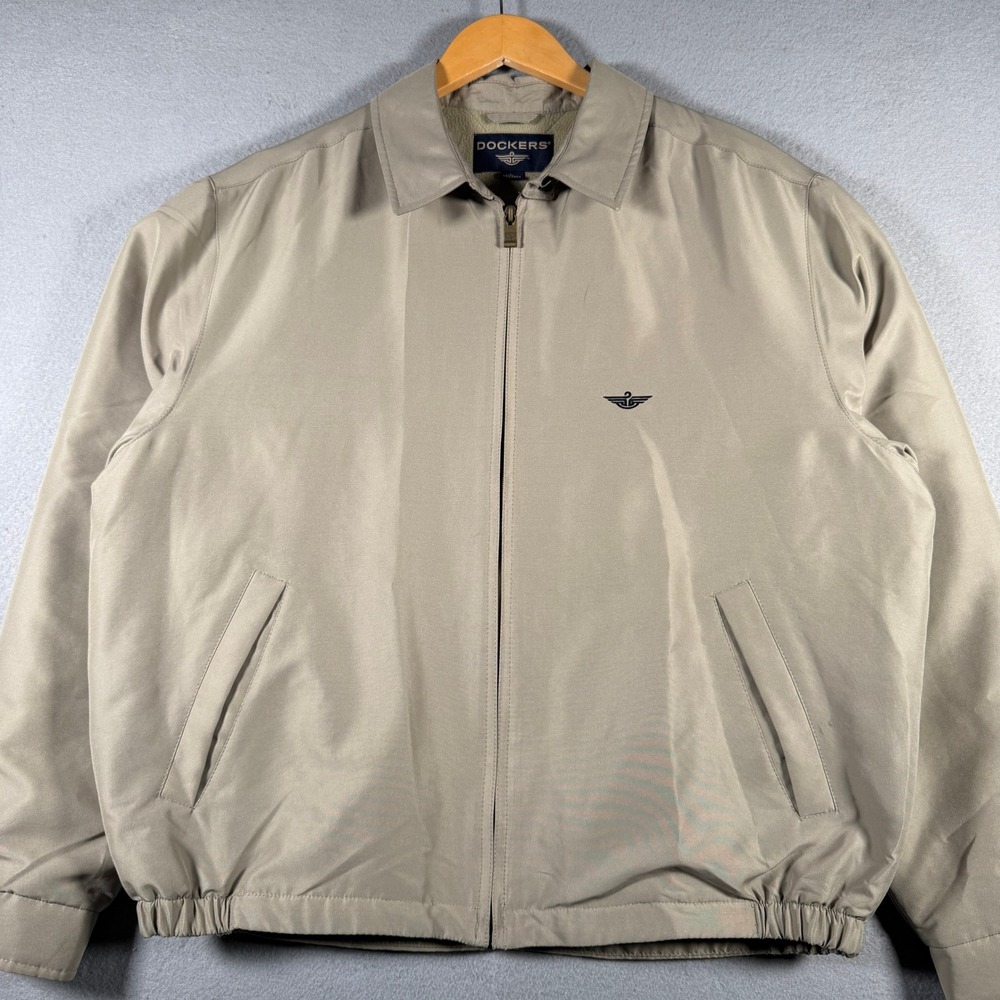 Dockers Mens Harrington Jacket Tan Khaki Fleece Lined Full Zip Size L 042616V